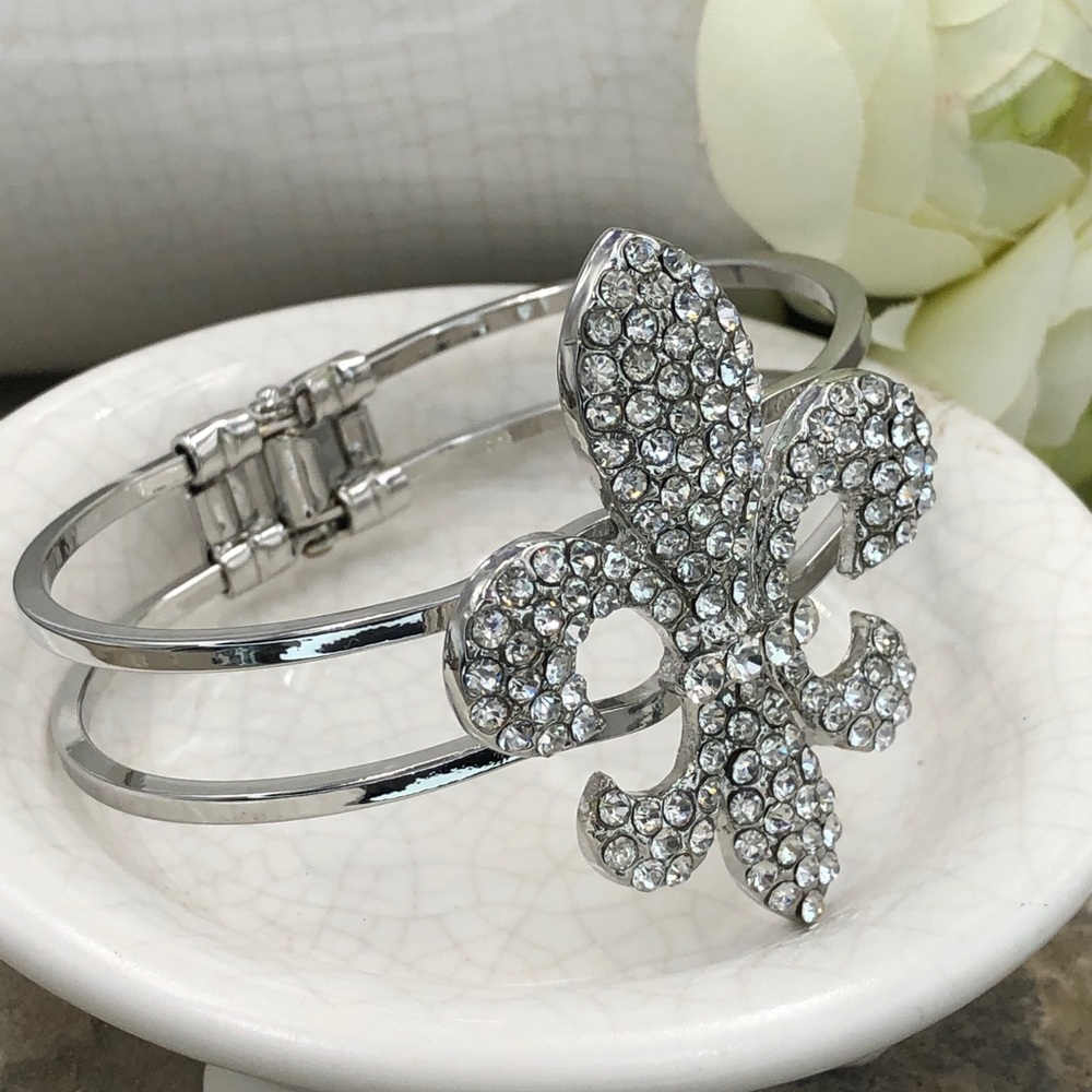 Fleur De Lis Large Rhinestone Silver Tone Hinged Bracelet